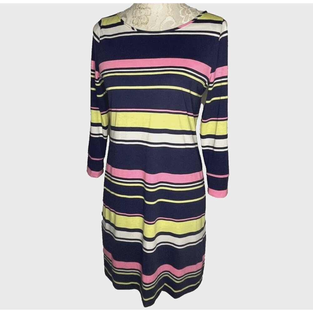 Lilly Pulitzer Marlowe Sm Pima Cotton Dress Navy Yellow Pink Stretch 3/4 Sleeve
